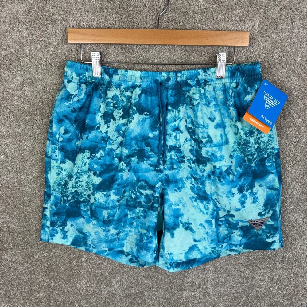 Columbia PFG Rambler Printed Water Shorts Mens Medium Blue Teal Tie Dye Omni NEW